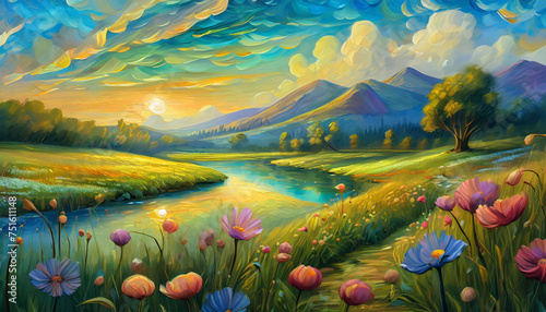 Oil painting of landscape with mountains, river, blooming trees and flowers, green meadow. Spring season
