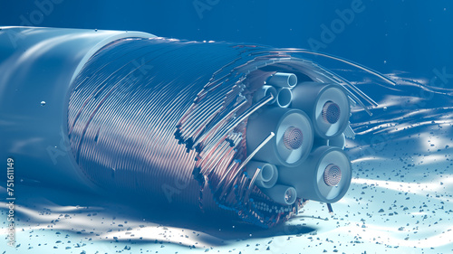 Problems with Internet connection. Subsea broken cable on the seabed. 3d rendering photo