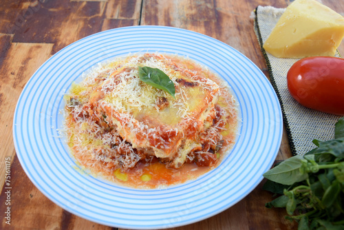 lasagna with red bolognese sauce, typical Italian cuisine pasta