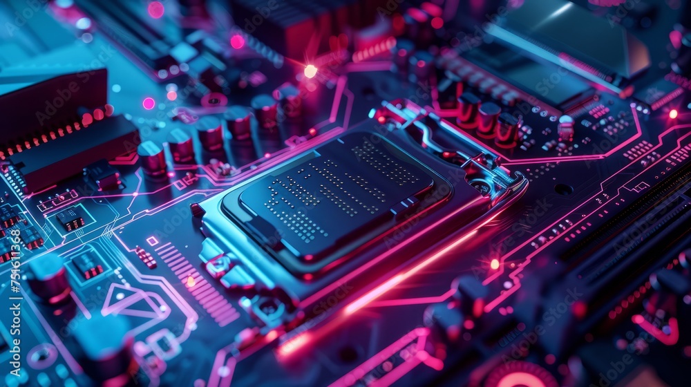 Vibrant high-speed light trails: macro shot of technological device with neon led lights, abstract graphic card close-up
Vibrant high-speed light trails: macro shot of technological device with neon led lights, abstract graphic card close-up