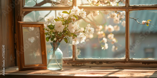 A vintage brown picture frame beside a glass vase with white blossoms on a sunlit windowsill
