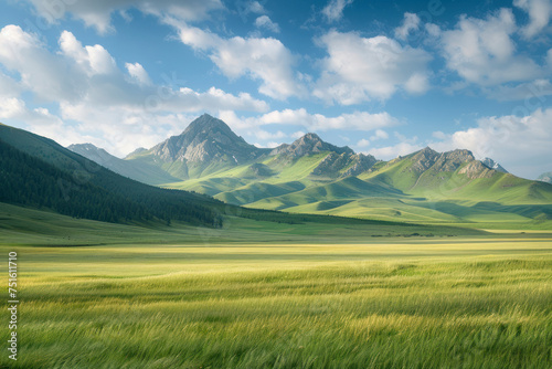 A large mountain steppe valley and summer pasture. photo