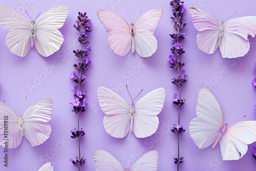 Beautiful purple background with butterflies and lavender flowers  top view flat lay composition