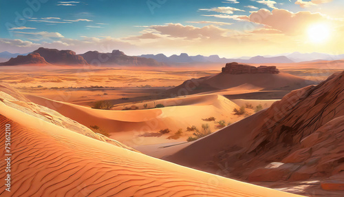 Detailed illustration of desert landscape with sand, plants and mountains.