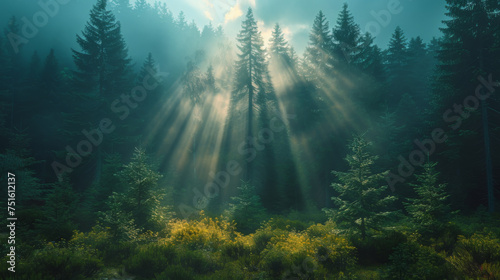 Natural Forest of Spruce Trees, Sunbeams through Fog create mystic Atmosphere. photo