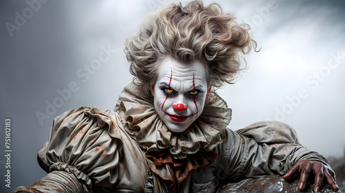Spooky Halloween party. Closeup of a sinister malevolent clown. Generative AI