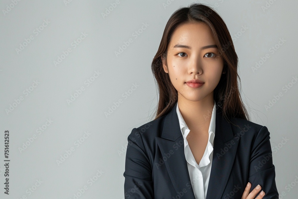Witness the elegance of a photorealistic Asian businesswoman captured against a clean white background, with crystal-clear sharpness, perfect for a sophisticated business banner design Witness the elegance of a photorealistic Asian businesswoman captured against a clean white background, with crystal-clear sharpness, perfect for a sophisticated business banner design