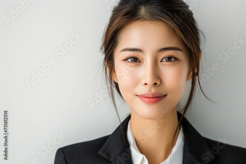 Witness the elegance of a photorealistic Asian businesswoman captured against a clean white background, with crystal-clear sharpness, perfect for a sophisticated business banner design photo