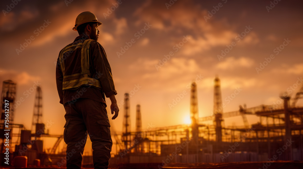 A construction worker stands atop the building at orange sunset. Generative AI