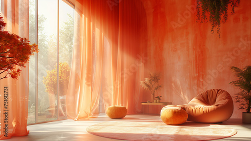 Fototapeta Naklejka Na Ścianę i Meble -  Modern living room interior, bathed in velvety peach fuzz colors