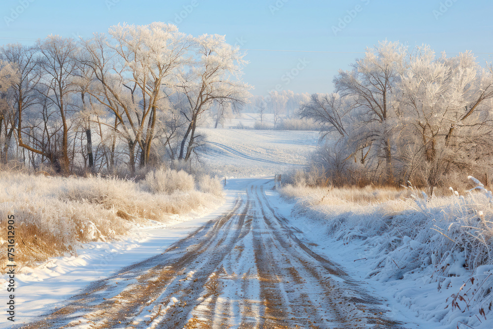 Dirt road leading to frosted woodland along snowy farmland. Dirt road leading to frosted woodland along snowy farmland.
