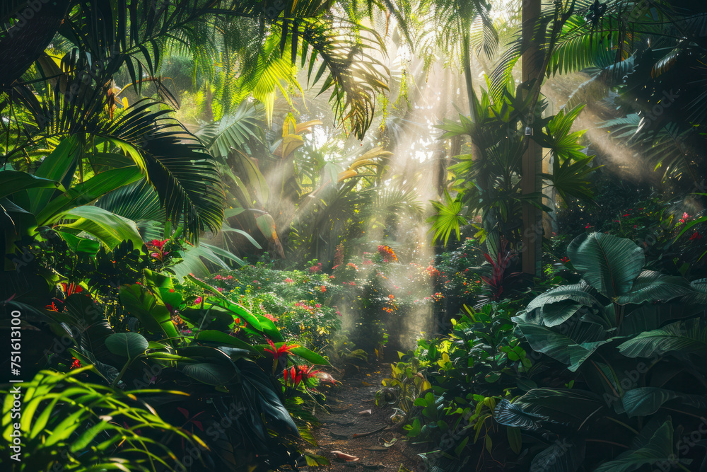 Naklejka premium Morning light in beautiful jungle garden.