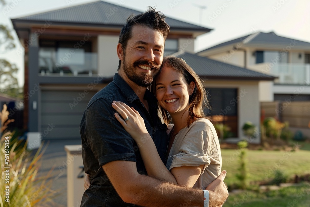 Witness the elation of a millennial couple as they share a warm embrace in front of their contemporary new house Witness the elation of a millennial couple as they share a warm embrace in front of their contemporary new house