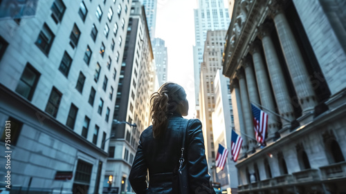 Urban Success: Businesswoman and businessman walking in the city, surrounded by skyscrapers, embodying a future of success and collaboration in the bustling streets of New York