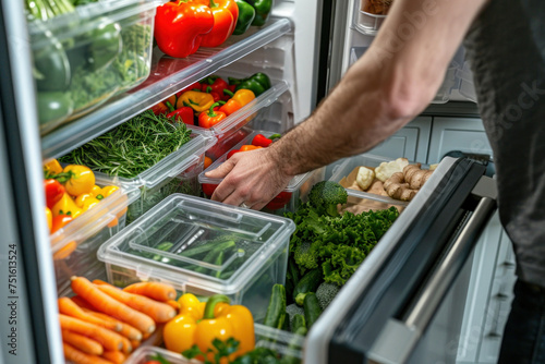 Man selecting fresh vegetables and groceries from open refrigerator in kitchen at home