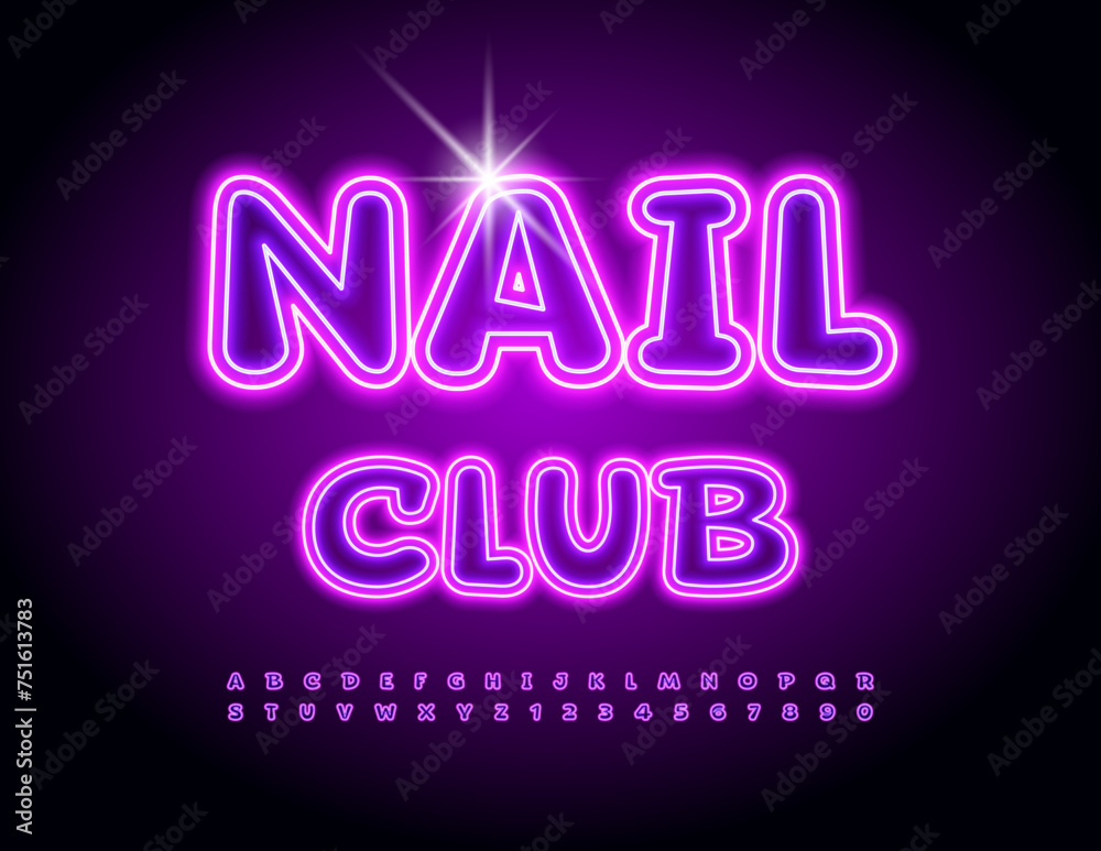 Vector glowing sign Nail Club with Purple Neon Font. Illuminated Alphabet Letters and Numbers set.