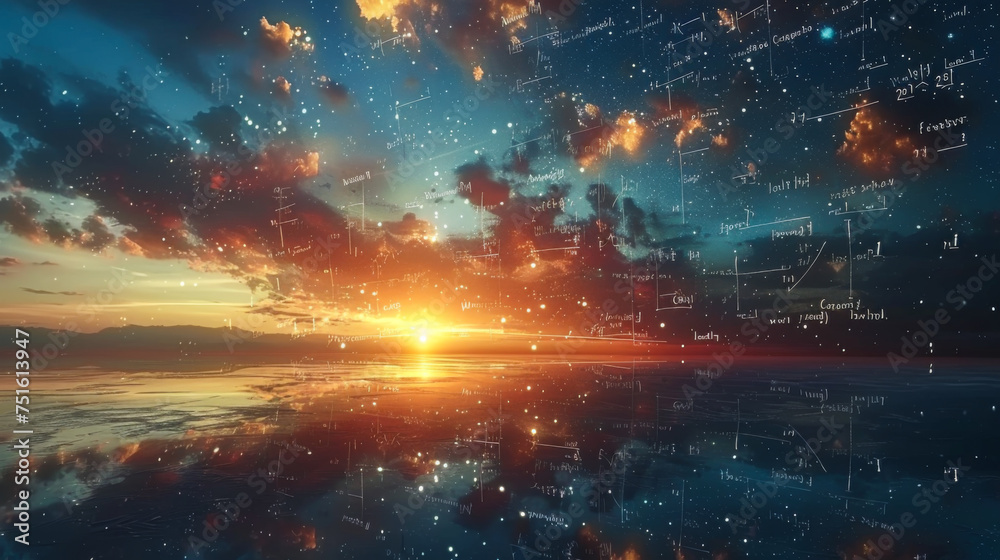Universe and science: Starry sky with mathematical equations overlay Universe and science: Starry sky with mathematical equations overlay