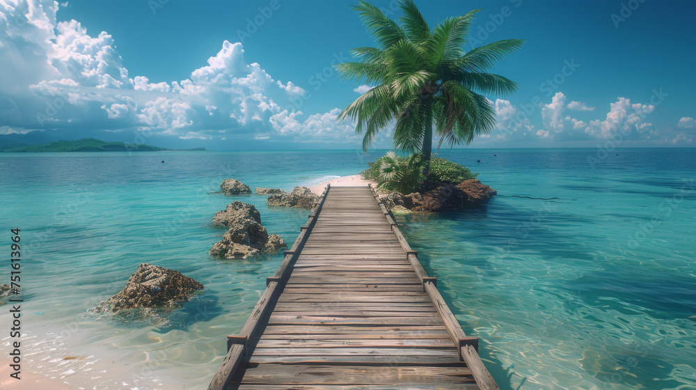 Nature panoramic landscape: Amazing Panorama sandy tropical beach with silhouette coconut palm tree in crystal clear sea and scenery wooden bridge out of the horizon / Palm and tropical beach. Nature panoramic landscape: Amazing Panorama sandy tropical beach with silhouette coconut palm tree in crystal clear sea and scenery wooden bridge out of the horizon / Palm and tropical beach.