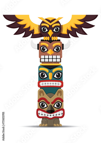 Pole totem clipart vector flat design. Wooden object animal symbol