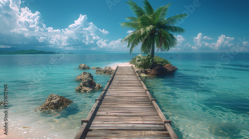Nature panoramic landscape: Amazing Panorama sandy tropical beach with silhouette coconut palm tree in crystal clear sea and scenery wooden bridge out of the horizon / Palm and tropical beach.