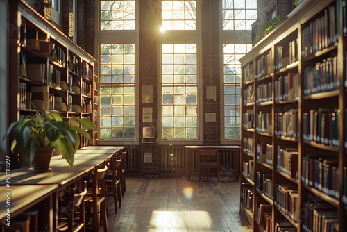 Modern Library Interior with Sunrays Shining Through Large Windows photo