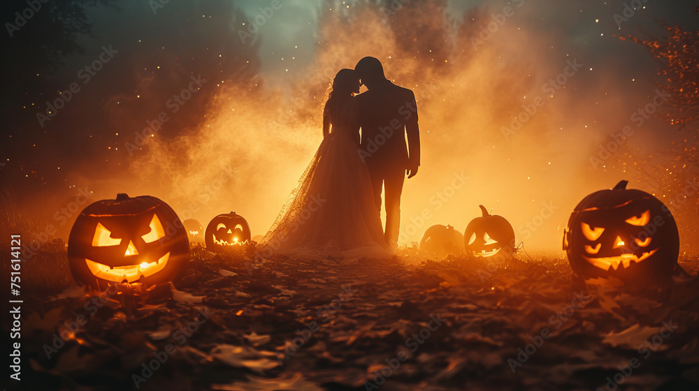 Halloween wedding with pumpkin and candle decor. Floral decorations made from autumn flowers. Concept: mysticism and magic, love and feelings, stylized unique wedding - obrazy, fototapety, plakaty 