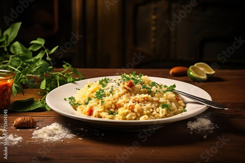 Mediterranean seafood risotto, with shrimp, mussels, octopus and clams. Seafood risotto in a restaurant,