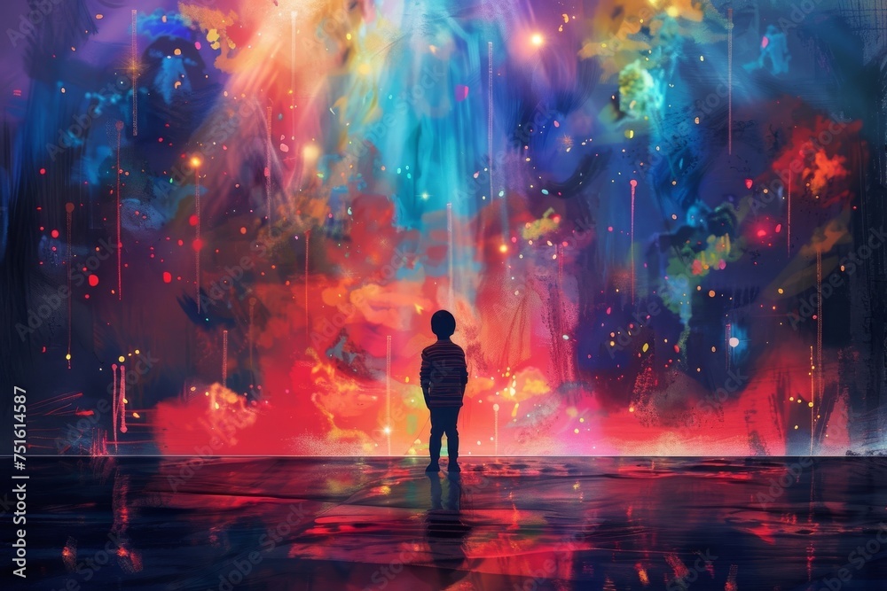 Young Man Looking Up at a Colorful Glowing Sky Young Man Looking Up at a Colorful Glowing Sky