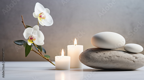 Spa Background: Spa Stone, Scented Candle, and Flowers.