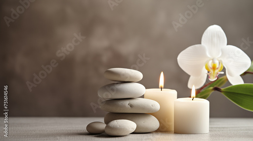 Spa Background  Spa Stone  Scented Candle  and Flowers.