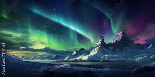 A breathtaking digital representation of the northern lights dancing over a rugged snowy mountain landscape