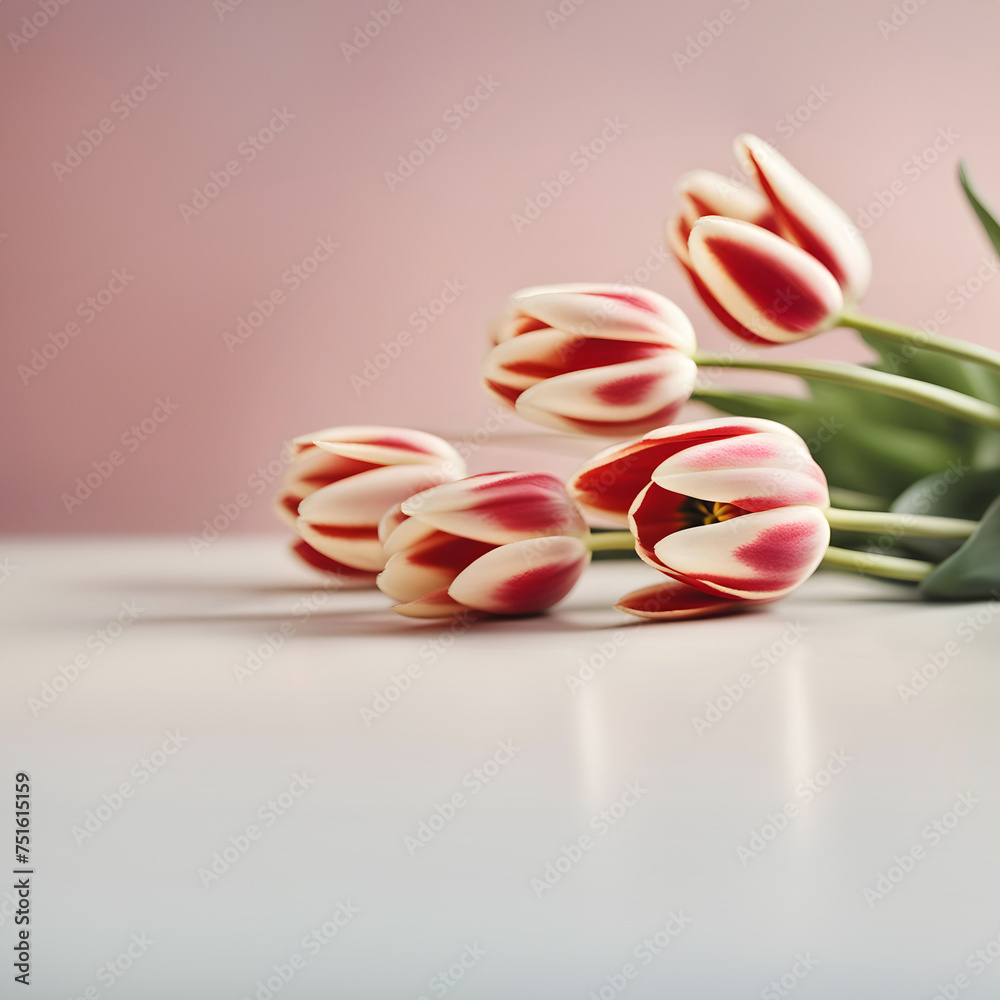 Bouquet of fresh red white tulips background, flowers lying on a white table. Sun toned image with copy space. Happy Valentine's Day, Mother's Day, Women's Day, family, universal love, wallpaper, vale
