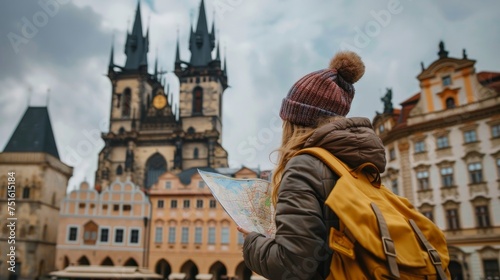 A tourist with a backpack in front of a beautiful old architecture in Prague in the Czech Republic. She looks at the map