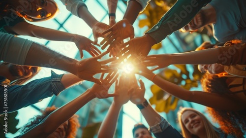 Scenic Park Gathering: People United in a Circular Formation under Sunrays, Golden Hour Connection Group of People Holding Hands in the Sunset Glow photo