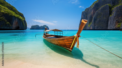 Thai traditional wooden longtail boat and beautiful sand Beach.