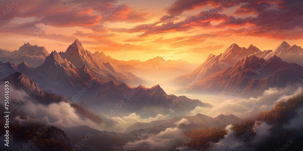 Nature's canvas painted with a fiery sunrise over a rugged mountain range, blanketed in a mystical fog and framed by the ever-changing sky - obrazy, fototapety, plakaty 