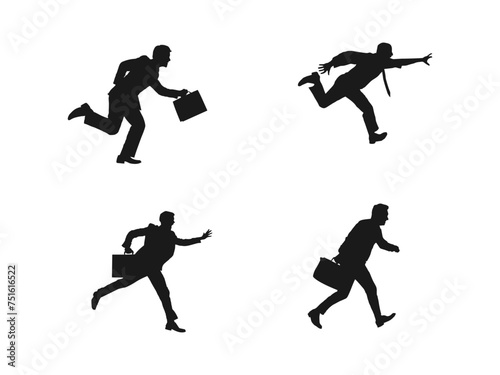 Silhouettes of happy jump and running Businessman. Vector illustration of Running Silhouettes. Businessman with suitcase walking silhouette vector illustration isolated on white background.
