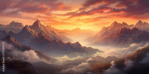 Nature's canvas painted with a fiery sunrise over a rugged mountain range, blanketed in a mystical fog and framed by the ever-changing sky © Svitlana
