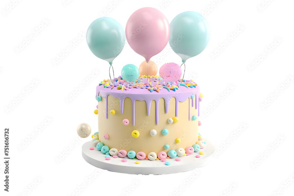 Birthday cake with balloons and ribbons 3d render isolated on transparent background - obrazy, fototapety, plakaty 