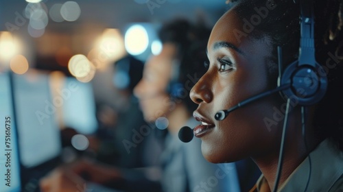 friendly operator team agent with headsets working in a call centre 