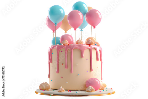 Birthday cake with balloons and ribbons 3d render isolated on transparent background © Oksana