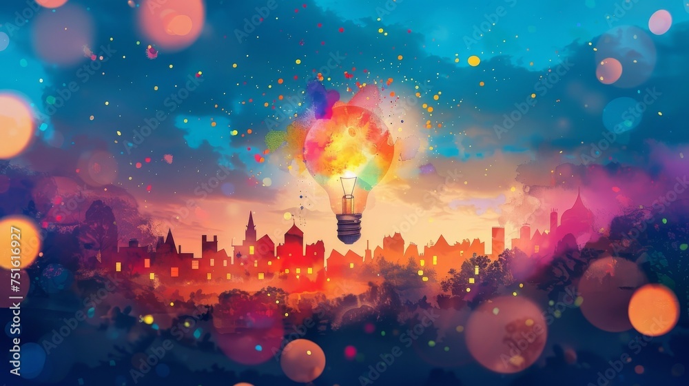 Dreamy Lightbulb Over Colorful City Lights Dreamy Lightbulb Over Colorful City Lights