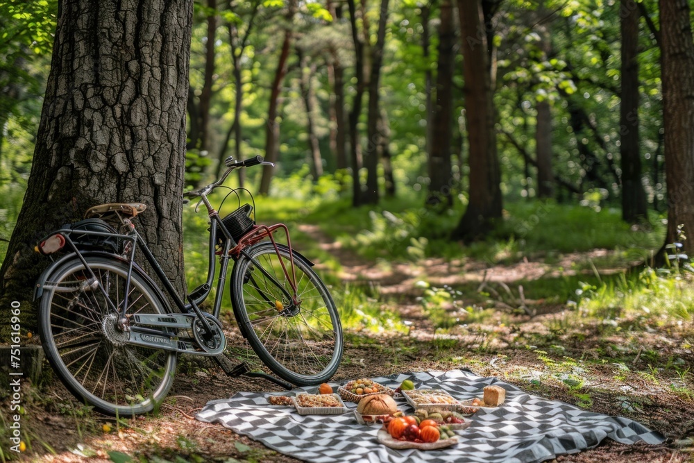 A tranquil forest picnic scene with a bicycle leaned against a tree, a checkered blanket on the ground laid out with food and a basket.