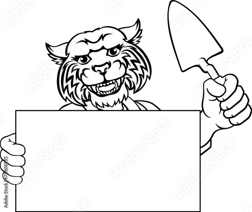 A bricklayer wildcat handyman cartoon construction mascot character holding a trowel tool