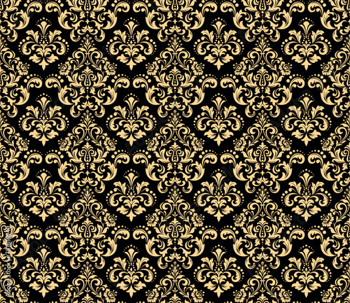 Wallpaper in the style of Baroque. Seamless vector background. Gold and black floral ornament. Graphic pattern for fabric, wallpaper, packaging. Ornate Damask flower ornament