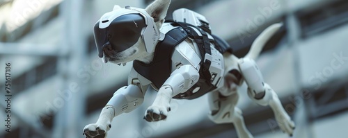 Robot dog with urban backdrop