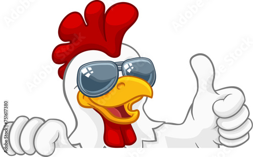 A chicken rooster cockerel bird cartoon character peeking over a sign and giving a thumbs up