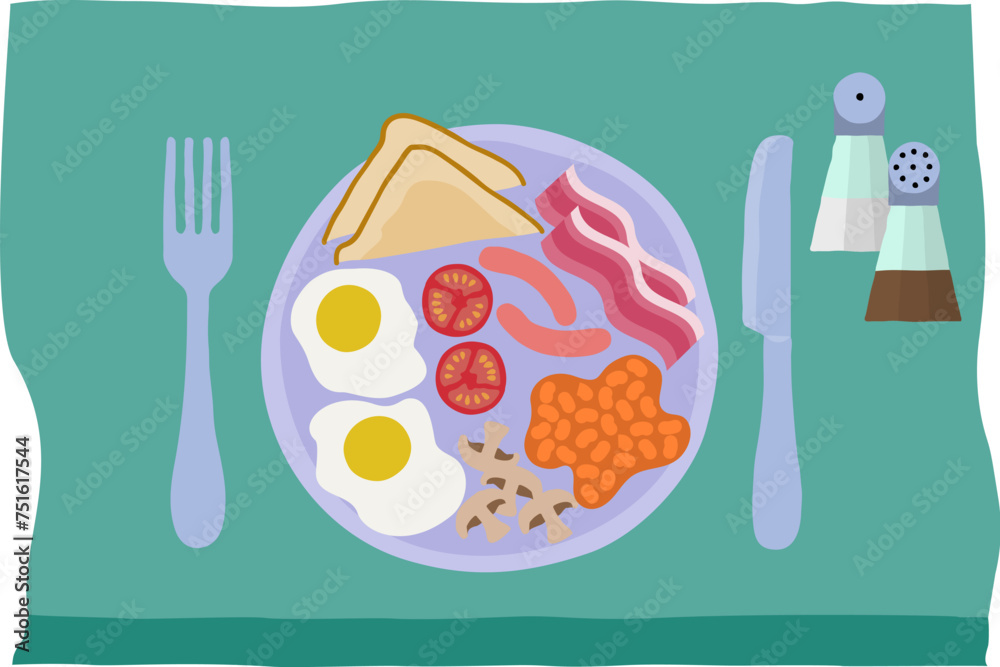 A full English fried breakfast plate meal table place setting with knife and fork cutlery - obrazy, fototapety, plakaty 