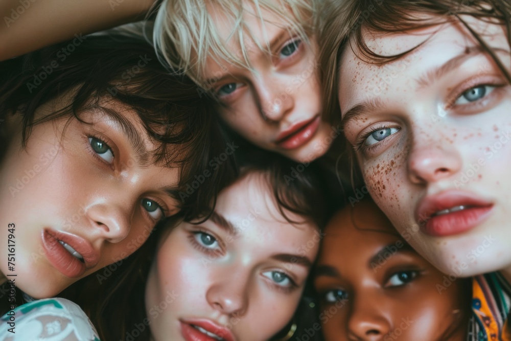 Intense gaze of five diverse models with natural freckles, a portrayal of beauty in unity and individuality Intense gaze of five diverse models with natural freckles, a portrayal of beauty in unity and individuality
