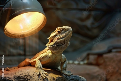 A bearded dragon basking under a heat lamp in a terrarium that mimics its natural habitat --style raw photo